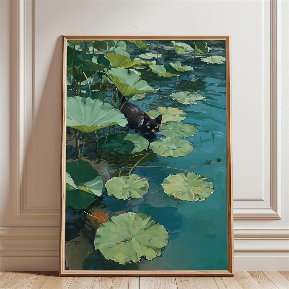 Monet Cat Among Waterlily Prints Impressionist Pond Art Print Poster Black Cat with Lily Pads Painting Claude Monet Wall Decor