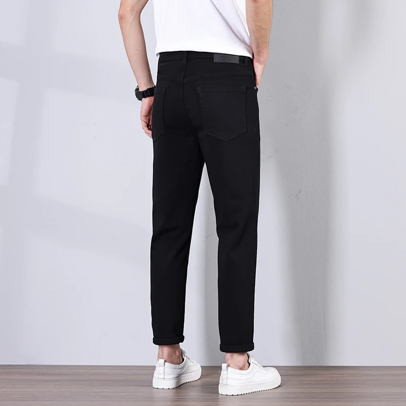 กางเกงยีนส์ระดับไฮเอนด์ใหม่สีดําบริสุทธิ์โดยไม่ซีดจางในฤดูใบไม้ผลิและฤดูร้อนบางเข้ารูปพอดียืดหยุ่นทุกอย่างเท้าตรงขนาดเล็กเก้าจุด