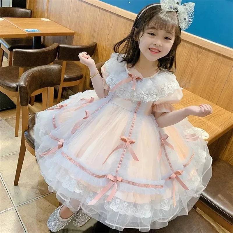 Girls Party Dress Summer Pink Elegant Princess Dress Kids Bow Lace Birthday Party Clothes 1-8 Years Lolita Pompon Dress