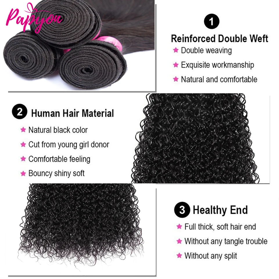 Bundles brésiliens de cheveux humains bouclés crépus pour femmes non transformés extensions de cheveux 3 faisceaux, support et ondulé