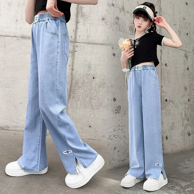 

Kids Thin Loose Casual Trousers Ankle Length Cool Denim Pants Summer Ice Silk Cotton Jeans Girls Soft High Waist Wide Leg Pants