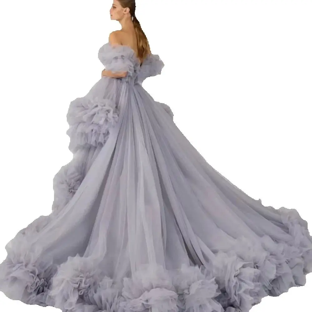 Luxe grijze dames galajurken strapless off-shoulder mouwen vloerlengte asymmetrische stijlvolle vrouwelijke avondjurken