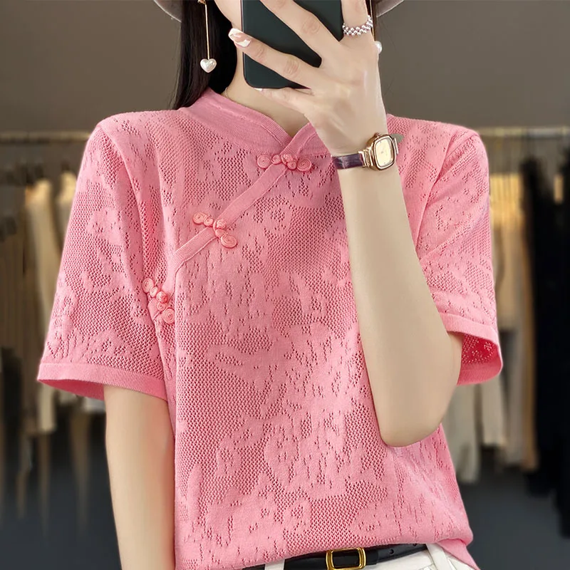 New Summer Women Chinese Buckle Sweater T-shirt Short-sleeve Three-dimensional Jacquard Hollow Pullover Tees Casual Knitted Tops