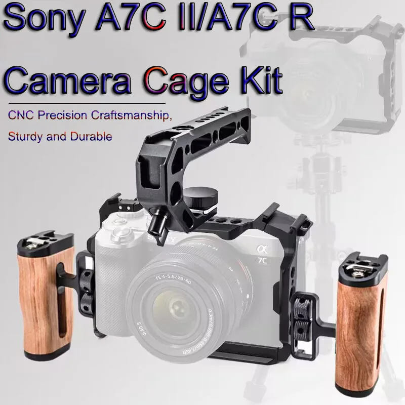 PyroGraphy A7C II Cage Kit Handheld Shooting Kit with Full Cage Built-in Rosewood Hand Grip Top&Side Handle Grip for Sony A7C II