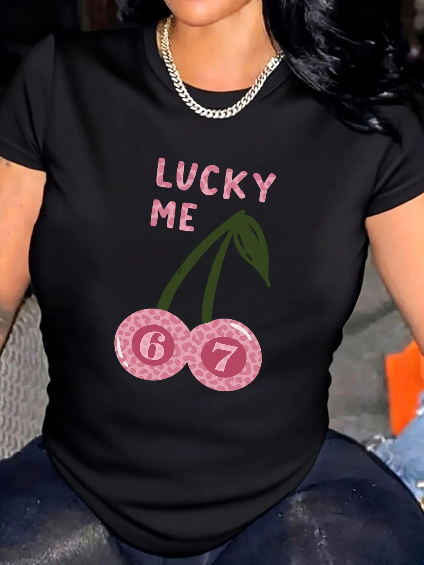 

Женская футболка больших размеров Lucky Me Cherry 67, повседневный топ с принтом на открытом воздухе