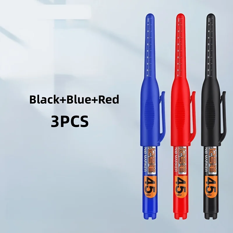 3Pcs 1.77 Inch Waterproof Marking Pen with Scale Cap, Blue Black for Woodworking Construction