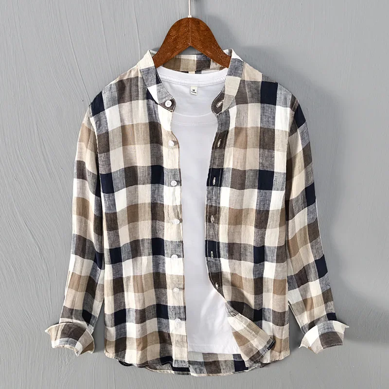 Men Clothing 2022 Fresh Striped Linen Long-sleeved Plaid Shirt Men\'s Youth Casual Shirt