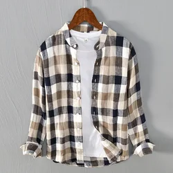 Men Clothing 2022 Fresh Striped Linen Long-sleeved Plaid Shirt Men's Youth Casual Shirt