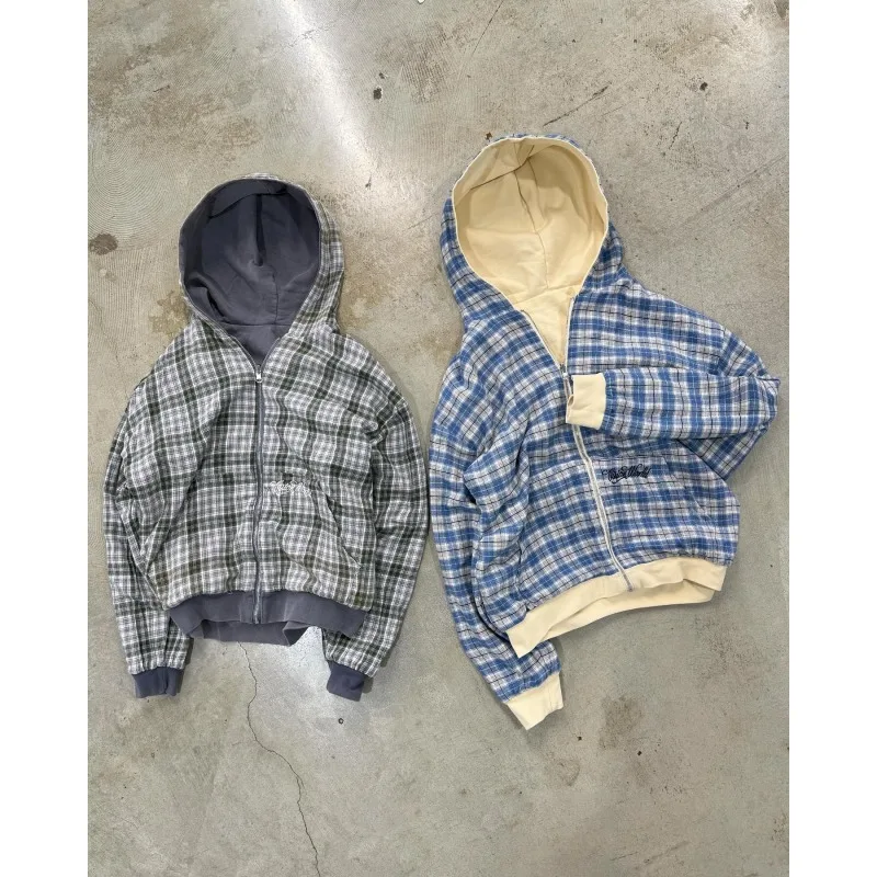 

Spring and Autumn New American Trendy Brand Double sided Stand up Hoodie, cardigan, casual workwear, plaid jacket