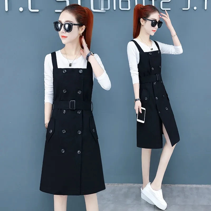 Spring Autumn Women's Strap Dress Set Fashion Long Sleeve T-shirt + Strap Double Breasted Cotton Dress 2 Pieces Set Mjuer 1168