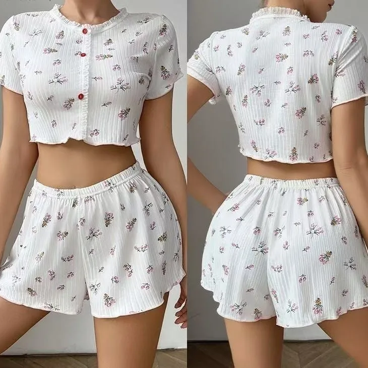 

Floral Print Women's Slim Fit Short Sleeve Top And Shorts Sleepwear Set Casual Home Clothes Summer Comfortable Lightweight
