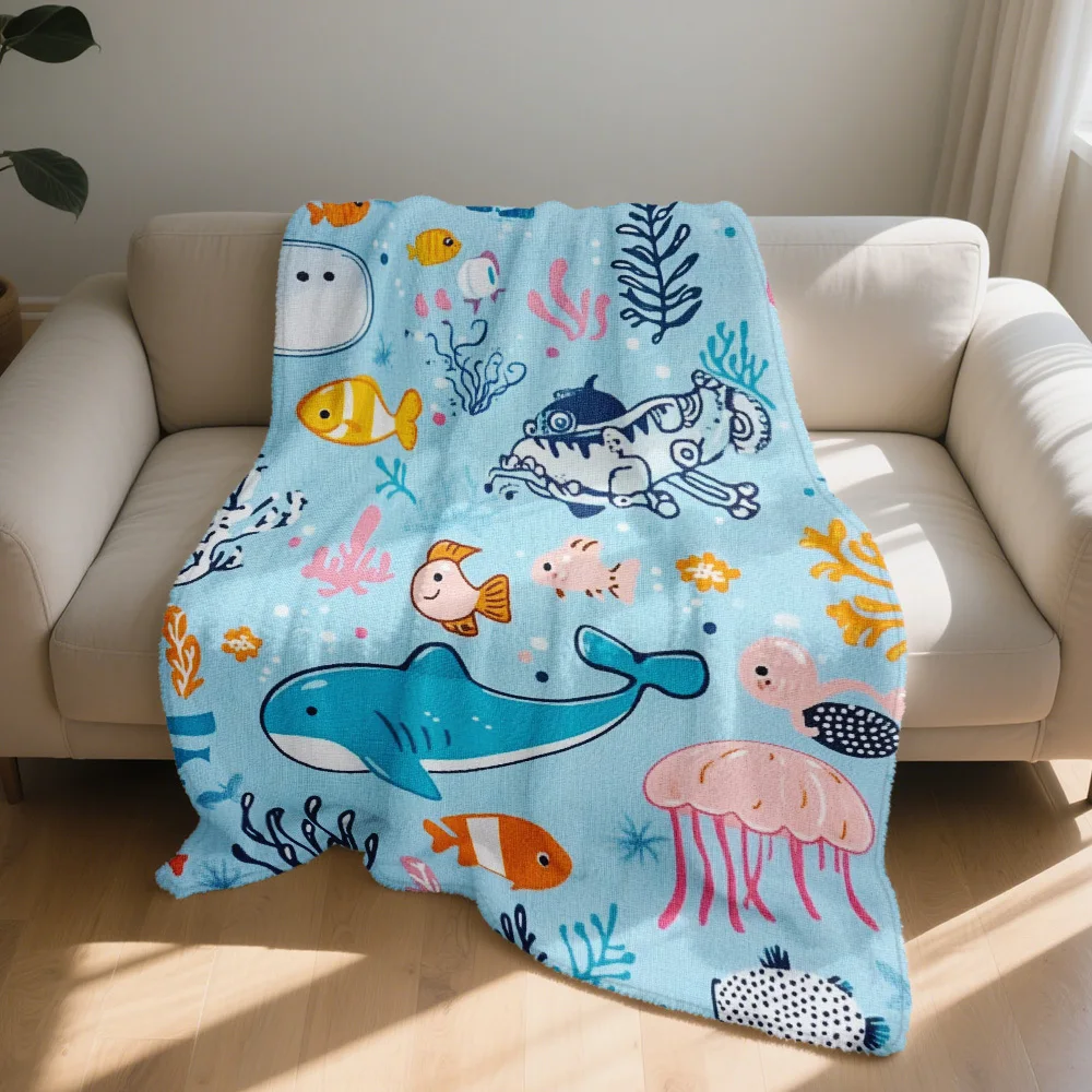 Cute Ocean Dolphin Sea Life Blanket Throw 150x200cm Kids Nursery Bedding Plush Cozy Gift for Baby Boy Girl