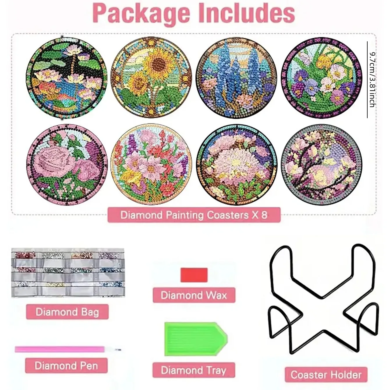 8 pieces/set of floral diamond painted coaster set with holder DIY coaster, beginner adult diamond art craft gift