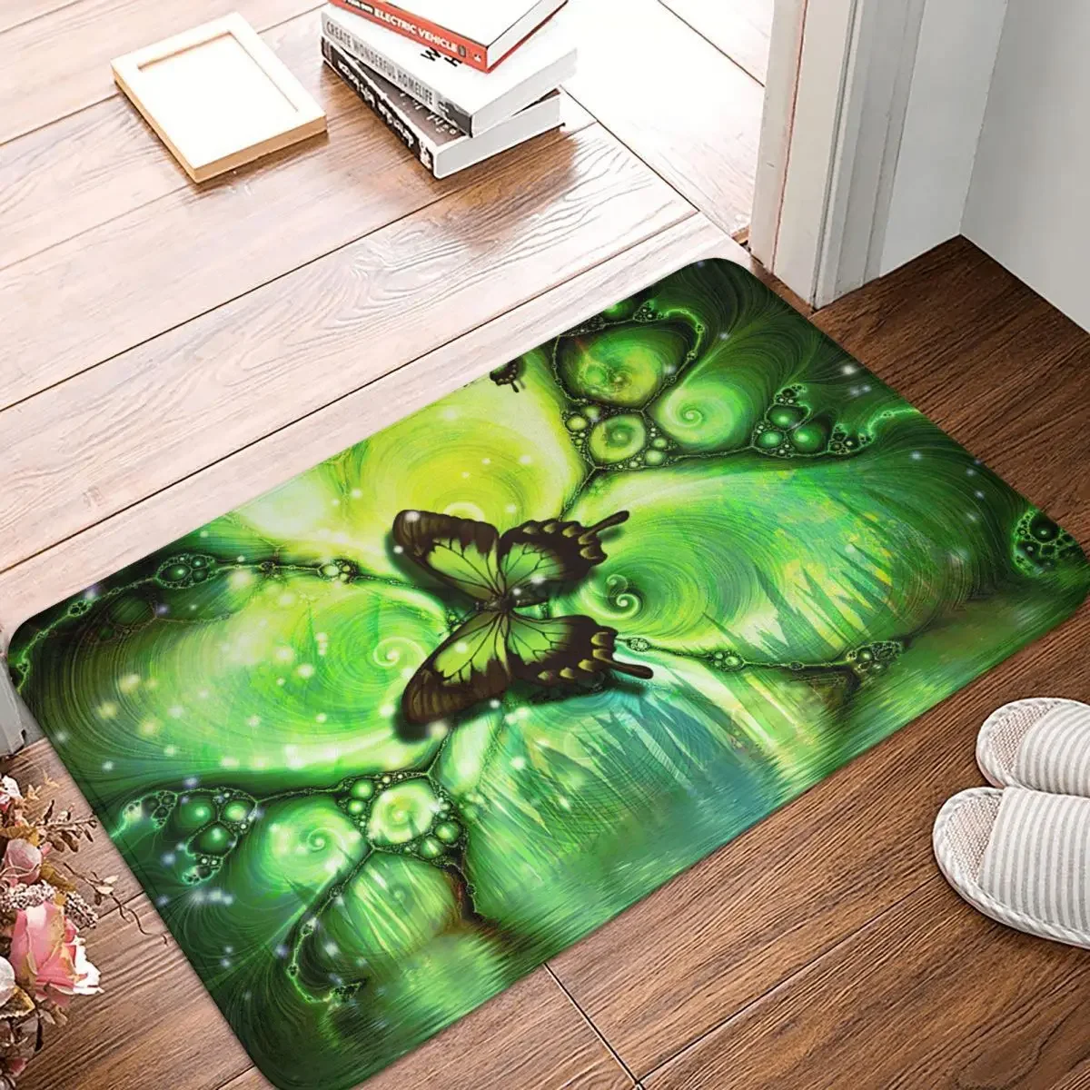 Bathroom Mat Green Fantasy Butterfly Art Overturned Water Rug Home Doormat Living Room Carpet Balcony