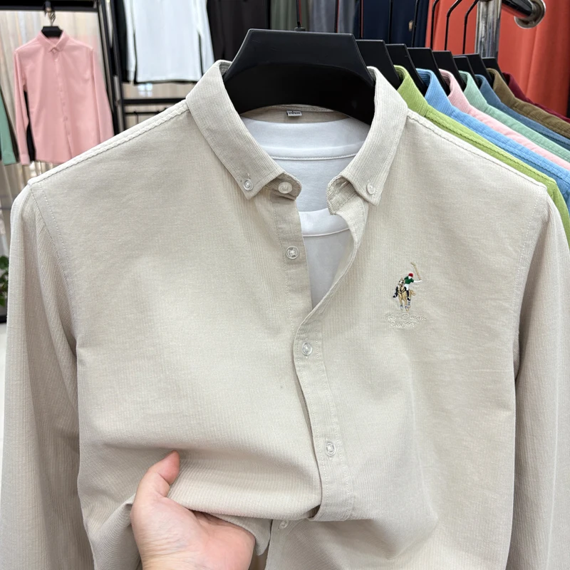 Corduroy Shirt, Men's Spring and Autumn New Item, Pure Cotton Long Sleeved Shirt, Solid Color Striped Velvet Casual Jacket