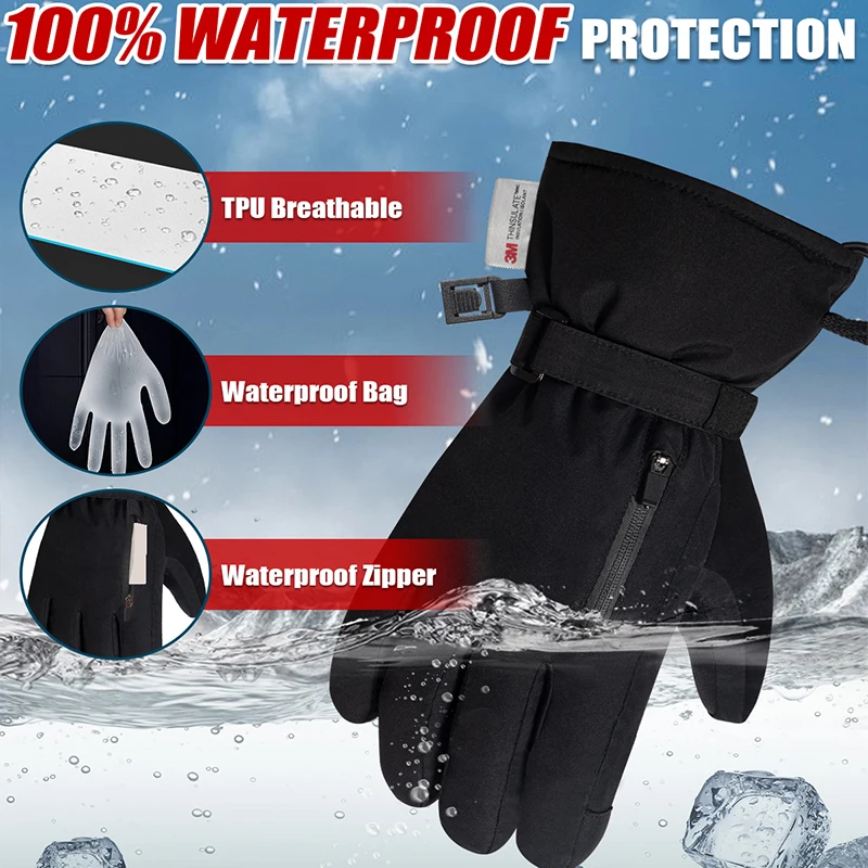 Winter Men's Thermal insulated Gloves Touchscreen with Fluff Eaturing Adjustable Wrist Straps Zipper Pocket Design for Skiing