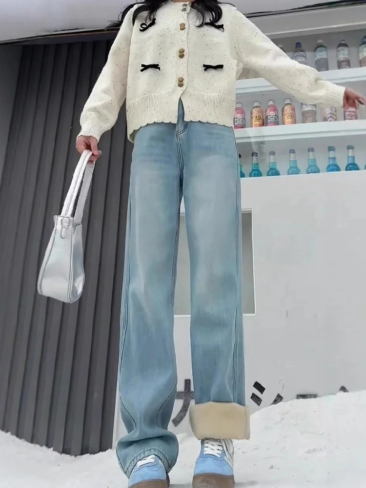 

Американские широкие джинсы на подкладке с широкими штанинами, женские осенне-зимние новые прямые свободные брюки больших размеров с высокой талией в пол