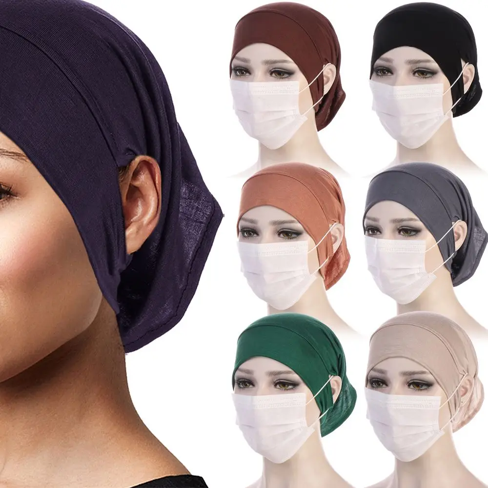 Solid Color Bandanas Cap Accessories Women's Hijab Undercap with Ear Hole Islamic Scarf Hat Hijab Caps Elastic