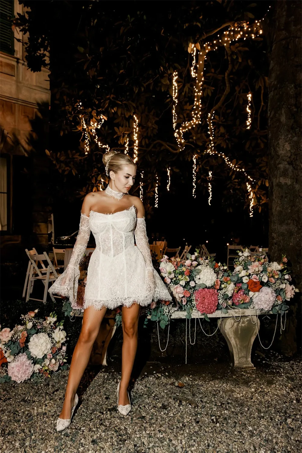 طوكيو مخصص الأبيض قبالة الكتف فساتين الزفاف انفصال الأكمام الدانتيل ثوب الزفاف أنيقة الكاحل طول ثوب الزفاف