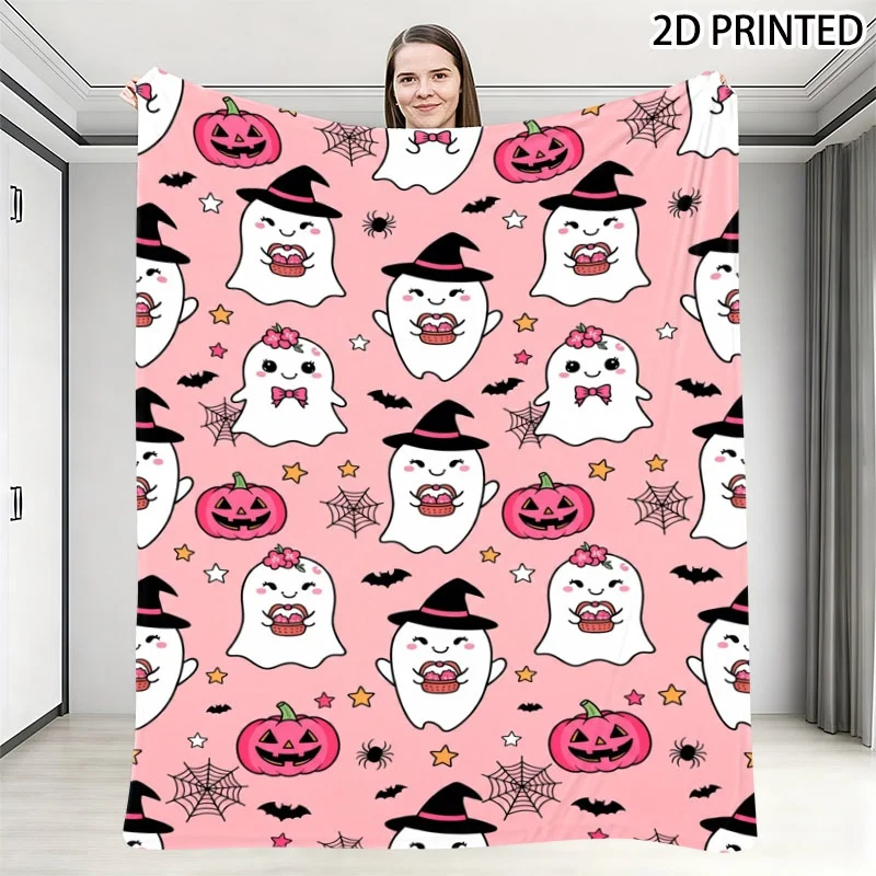 Playful Halloween Pattern Throw Blanket, Light Pink Base with Cute Ghosts, Smiling Pumpkins, Spiders & Bats Prints, Cozy Fall De