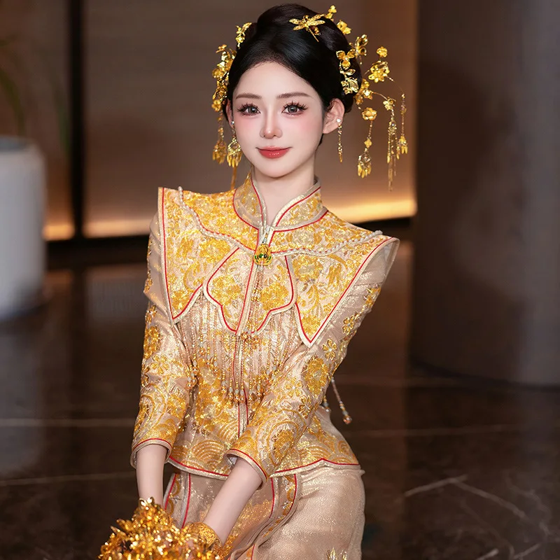 

Платье для тостов в китайском стиле Xiuhe, цвета шампань, 2026, новая коллекция, свадебное, с изысканной отделкой, для торжественных мероприятий