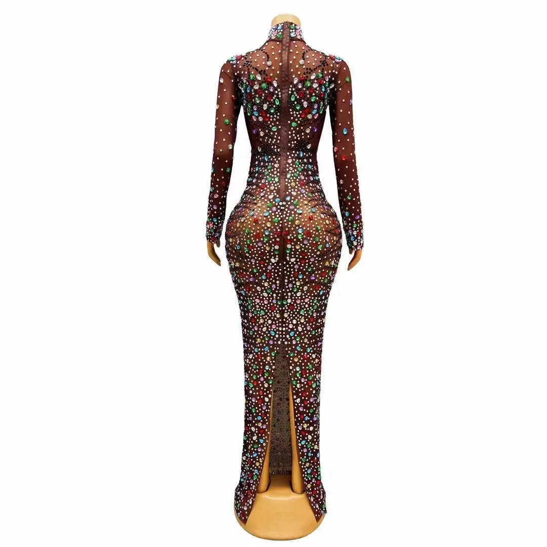 Sexy Sparkly Colorful Rhinestones Long Sleeves Dress luxurious Evening Brown Mesh Costume Party Celebrate Photo Shoot Dress