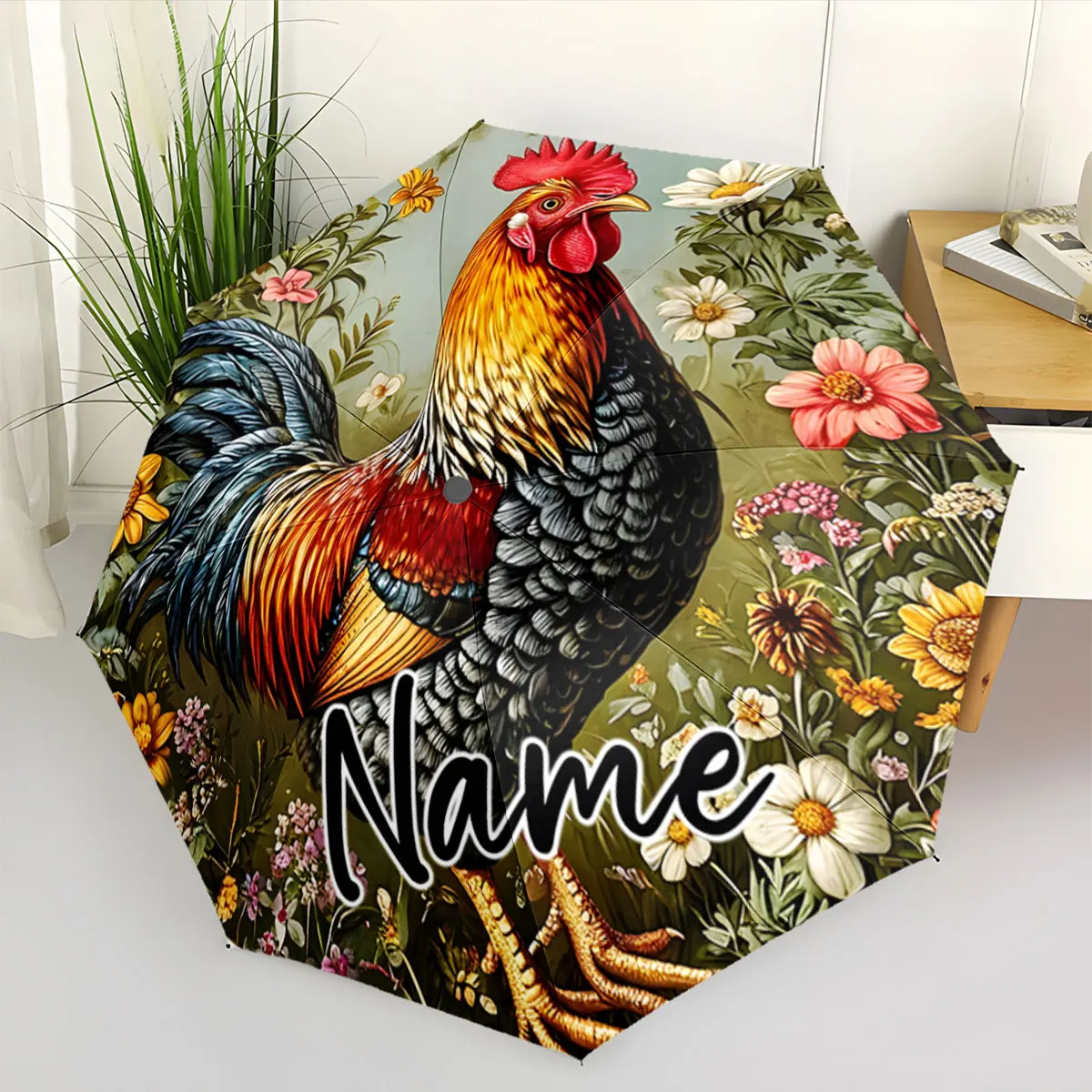 Custom Name Colorful Rooster Umbrella with Floral Background Print 8 Iron Ribs Folding Umbrella Auto-Open Fashion Sunshade
