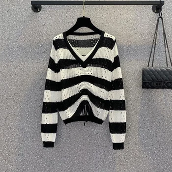 여성 브이넥 긴팔 풀오버, 레이스업, 펀칭, 단색, 분위기 있는 코디하기 쉬운 패션, 가을 겨울 