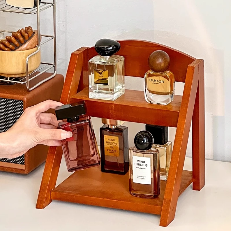 Retro Wooden Shelves Desktop Storage Rack Water Cup Perfume Dressroom Tabletop Cosmetics Storage Jewelry Display Frame Organizer