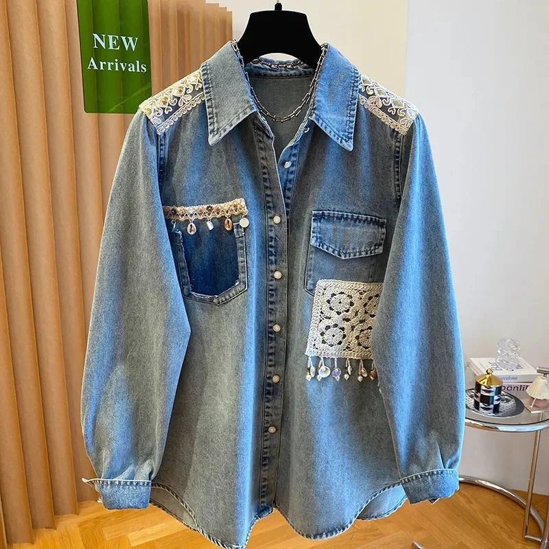 Moda denim camisa para as mulheres primavera 2025 nova renda solta emenda cowboy camisa jaqueta superior comentários coreanos muitas meninas roupas