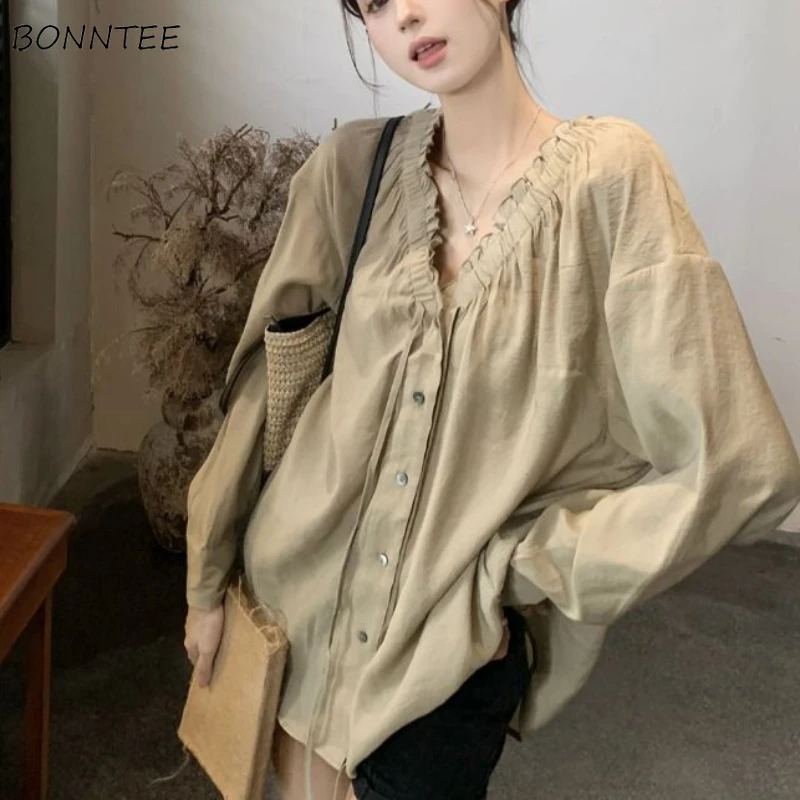 Ruffles V-neck Long Sleeve Shirts Women Leisure Loose Solid Single Breasted Elegant Vintage French Style Spring Autumn Cloth