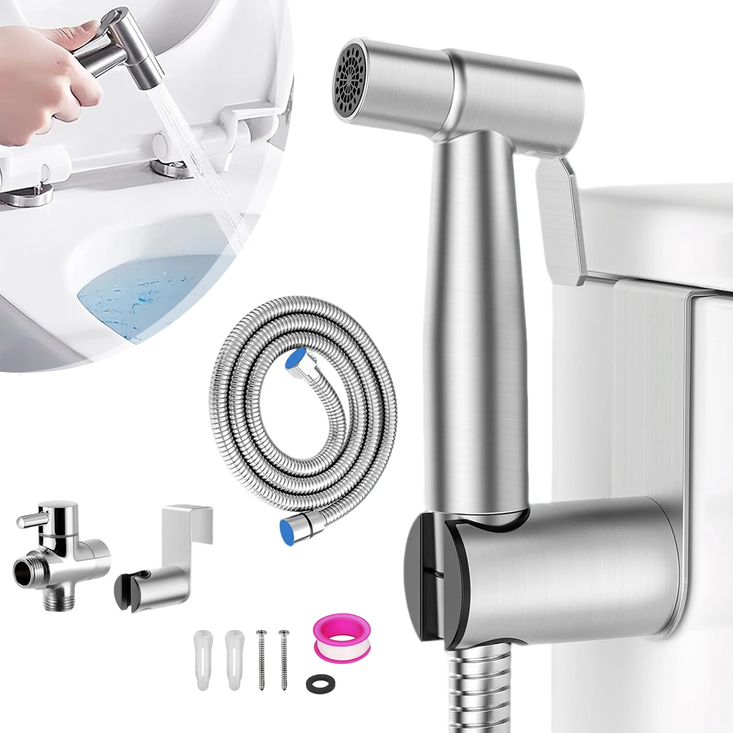 Set di 6 accessori per bidet portatile, doccetta in acciaio inossidabile per WC con tubo da 1,5 m, ideale per l’igiene personale, la pulizia del bagno e l’igiene del WC.