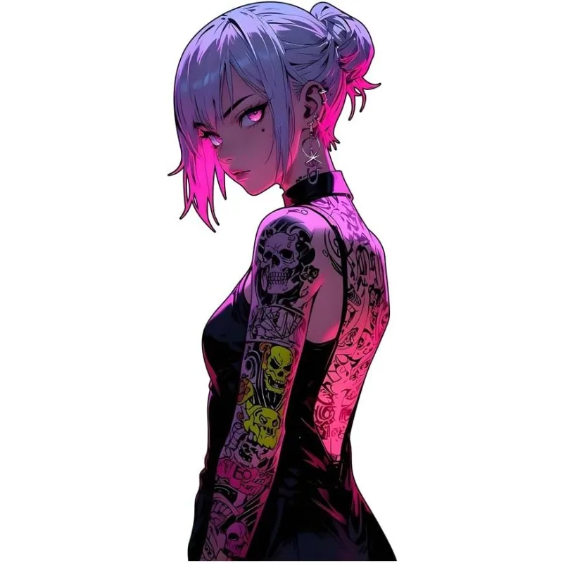 Neon Pink Tattoo Anime Girl Vinyl Sticker, Retro Japanese Decal for Camper Motorcycle Luggage Fridge Otaku Decor