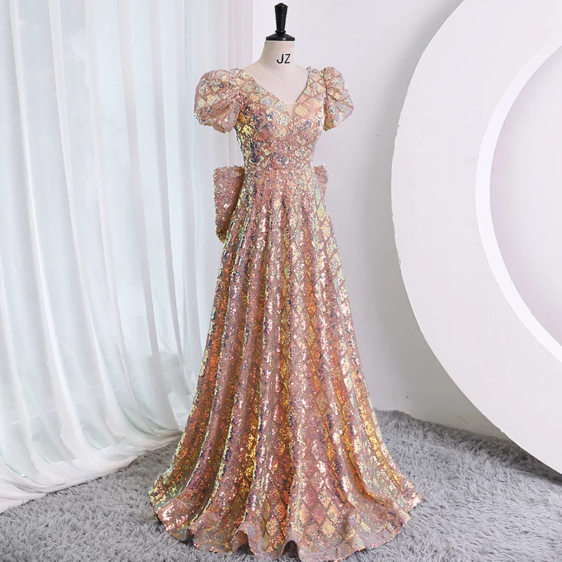 Luxury Sequin Women Evening Dresses Long Elegant V-Neck Floor-Length Shiny Prom Gowns With Bow 2023