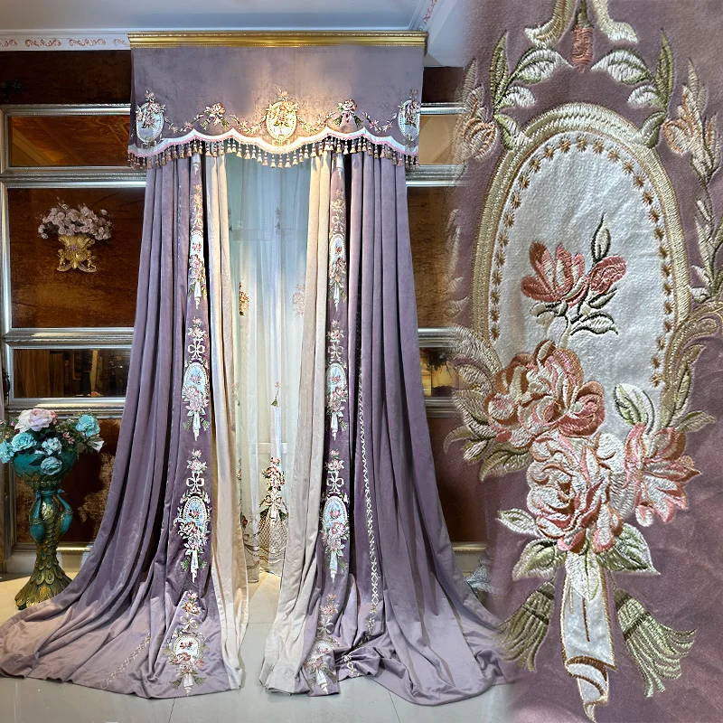 

Custom luxury European villa window embroidered purple velvet thick cloth blackout curtain tulle valance drape C1654