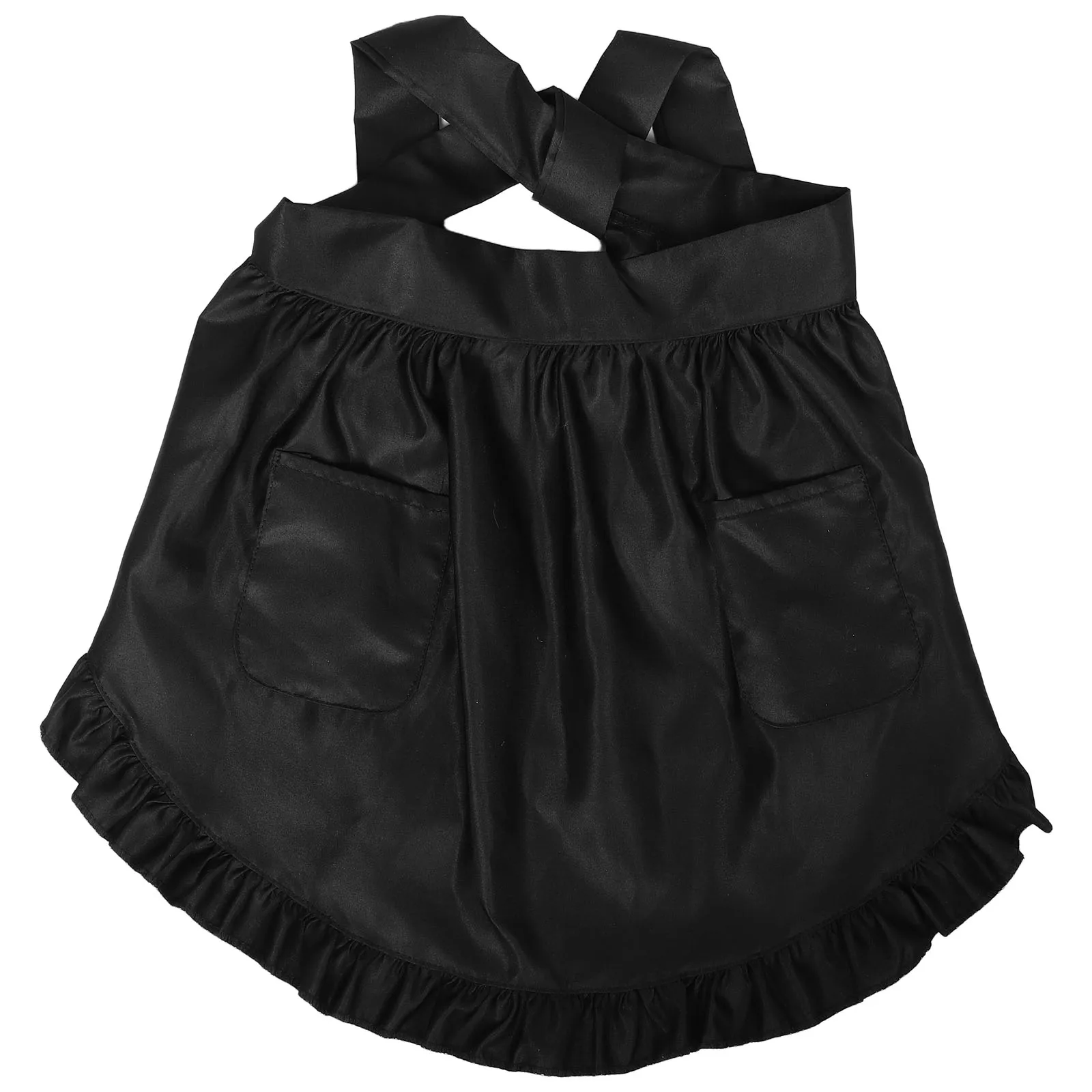 

Princess Style Half Apron with Ruffles and 2 Pockets Black Waist Apron for Women Kitchen Cooking Restaurant Cafe Cleaning Garden
