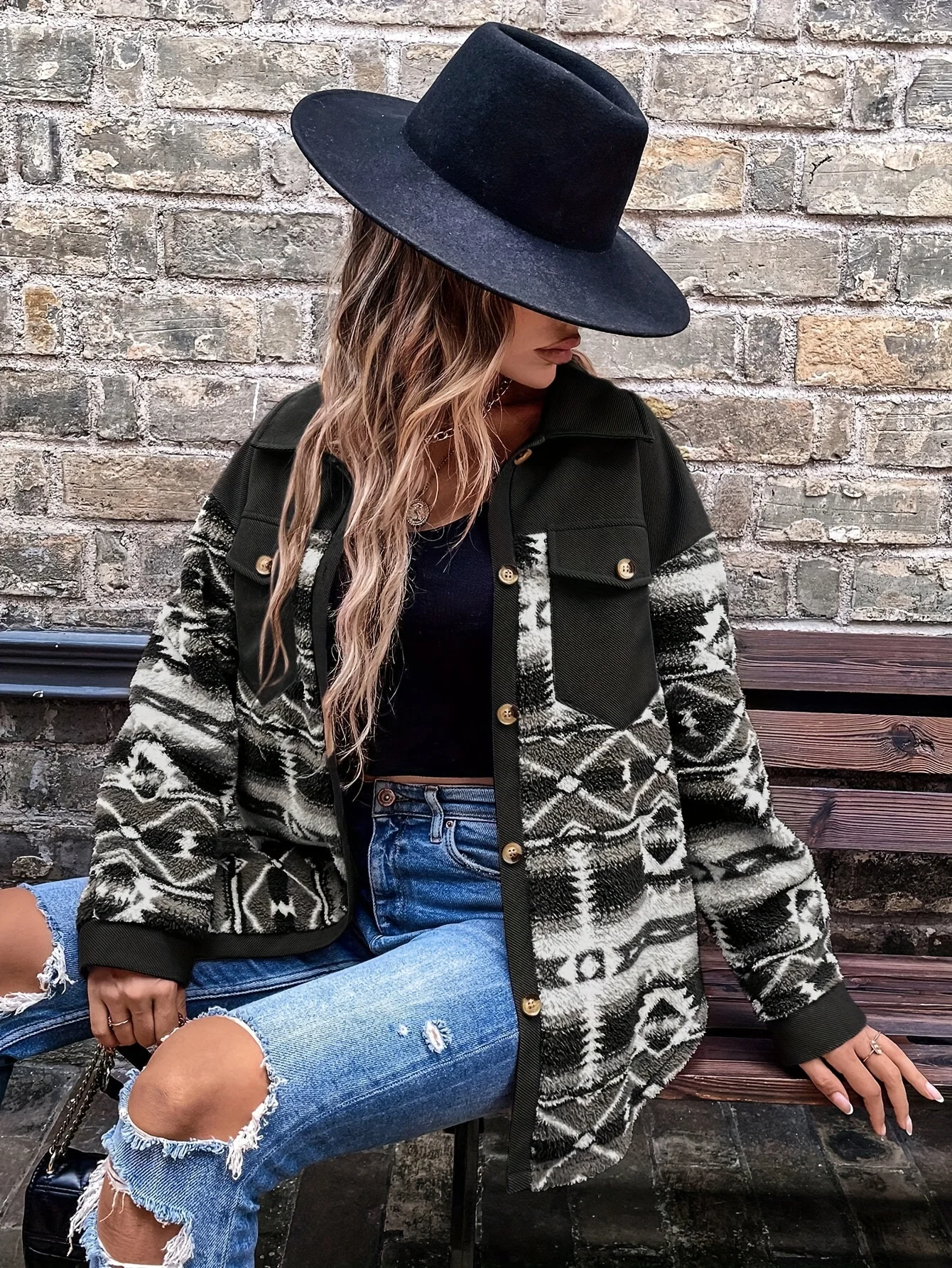 Moda europeia e americana outono e inverno novo casaco de pelúcia lapela bolso temperamento casaco quente mulher