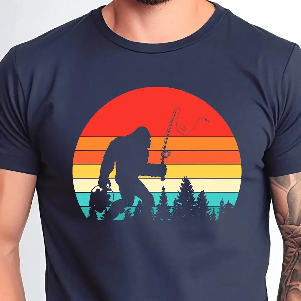 Bigfoot Sasquatch Fishing Sunset T Shirt Fishermen Dad Apparel