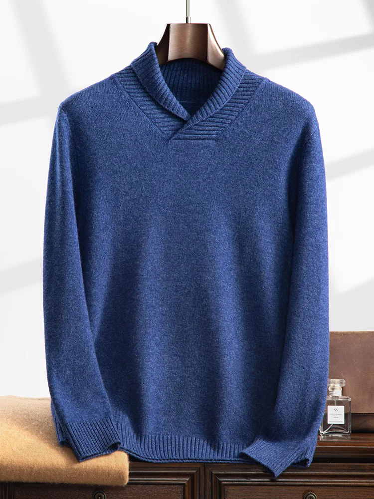 High Quality Men Autumn Winter 100% Cashmere Sweater Lapel Collar Smart Casual Pullover Basic Long Sleeve Cashmere Knitwear Tops