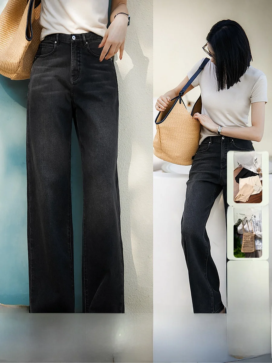 

Deep Grey Casual Straight Leg Denim Jeans Women's Spring New Style Commute Fashion High Waist Pocket Detail Durable Denim