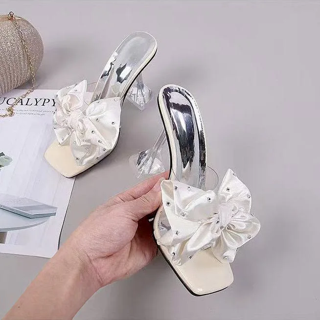 

Slides for Women Luxury Crystal High Heels Women Slippers Summer 2022 Fashion Fine-heeled Open-toed Big Flowers Slippers Woman