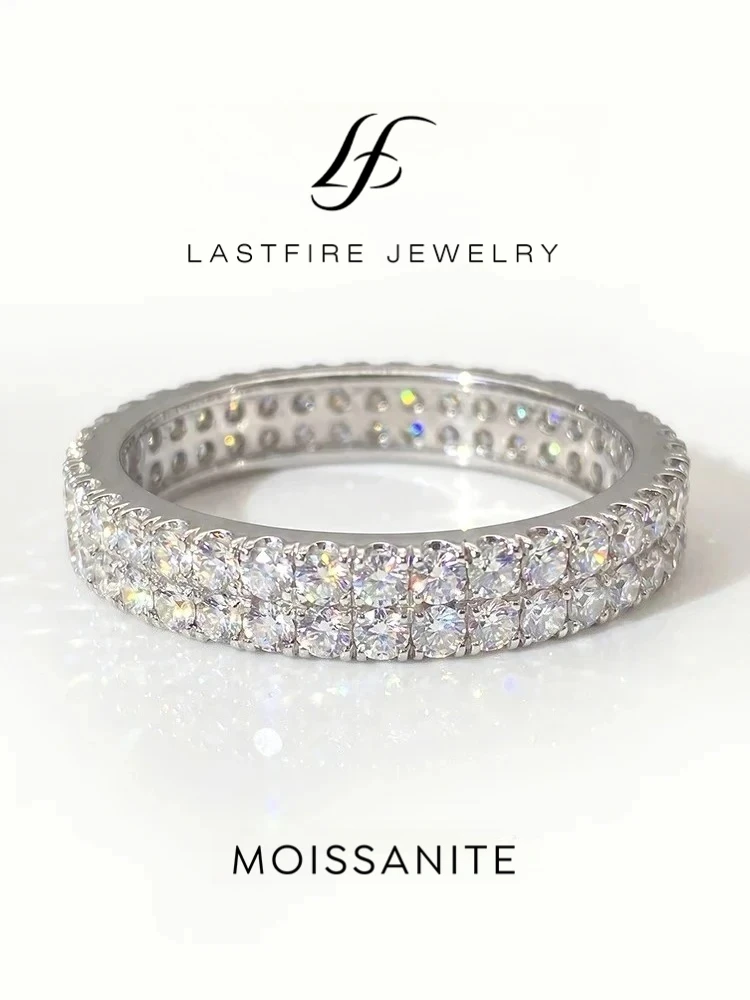 925 Sterling Silver Real Moissanite Diamond Classic Double Row Ring For Women Engagement Luxury High Quality Fine Jewelry