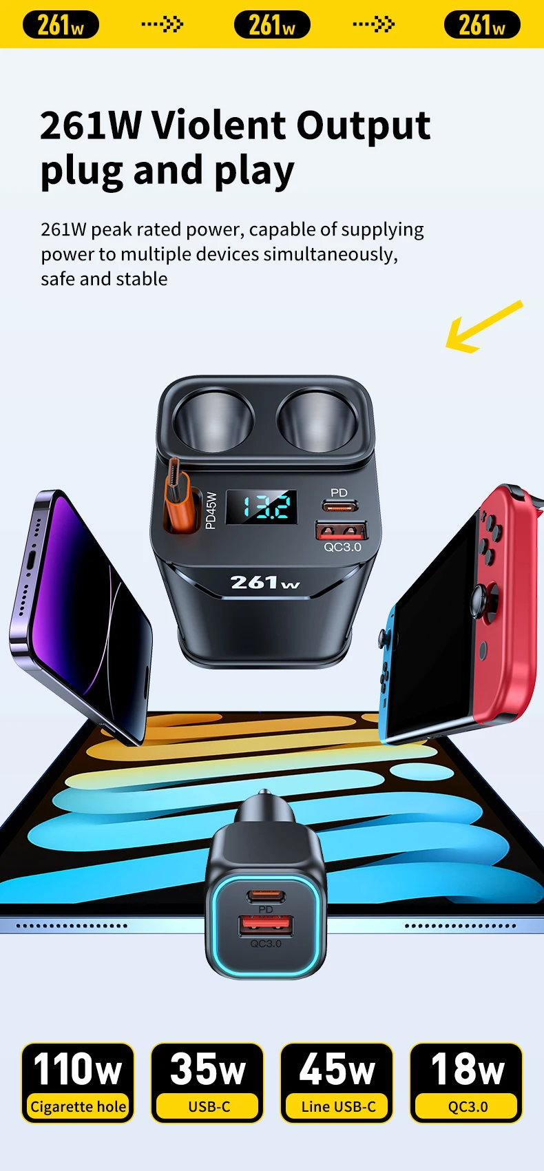 7-in-1-Zigarettenanzünder-Adapter, Getränkehalter, 261 W, Autoladegerät, Adapter mit PD45W-Aufladung, 24 V/12 V, Zigarettenanzünder-LED-Voltmeter – Detail 8