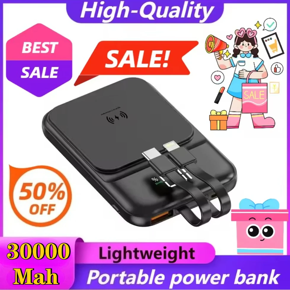Power Bank Magnetik Pengisian Daya Nirkabel Super Cepat dengan Kabel Terintegrasi 30000mAh Power Bank Portabel Hadiah Lintas Batas