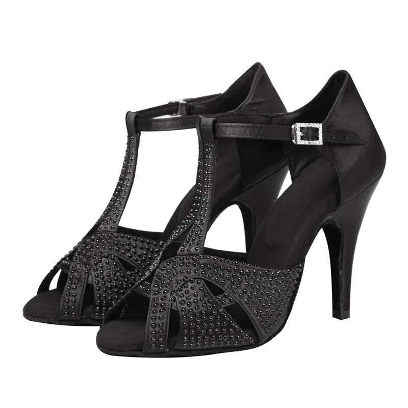 Zapatos de baile latino de tacón alto para mujer, sandalias de satén negro con diamantes de imitación, Salsa, Tango, fiesta de salón, novedad de