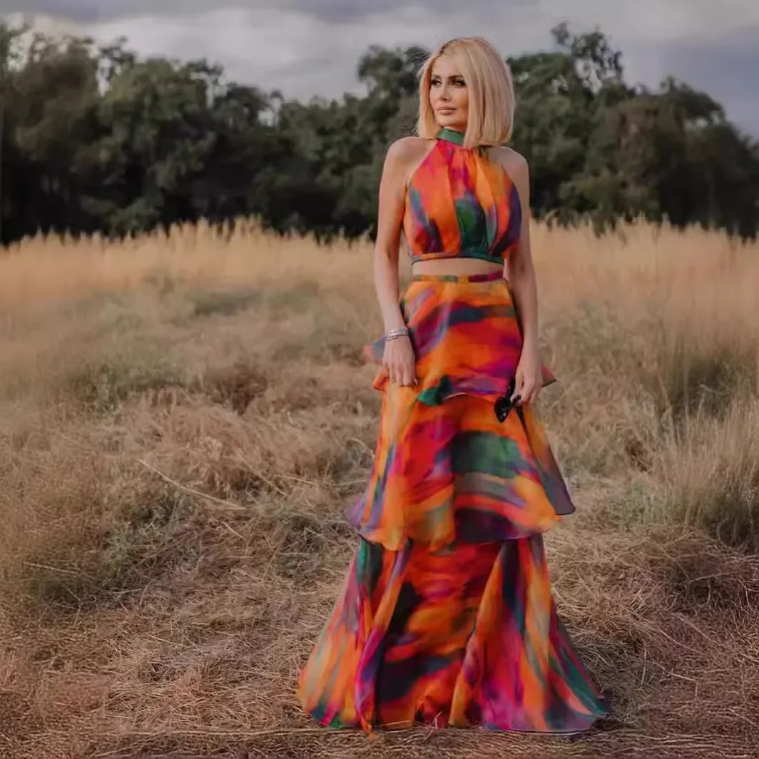 여성용 레인보우 프린트 민소매 허리 버블 케이크 원피스, 정장 롱 루즈 맥시, 여름 패션 의류