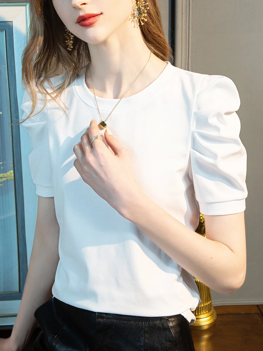 2025 Summer Women's Black Cotton T-Shirt French Bubble Sleeve Solid Color Casual Chic O-Neck Top New Design Basic Tee