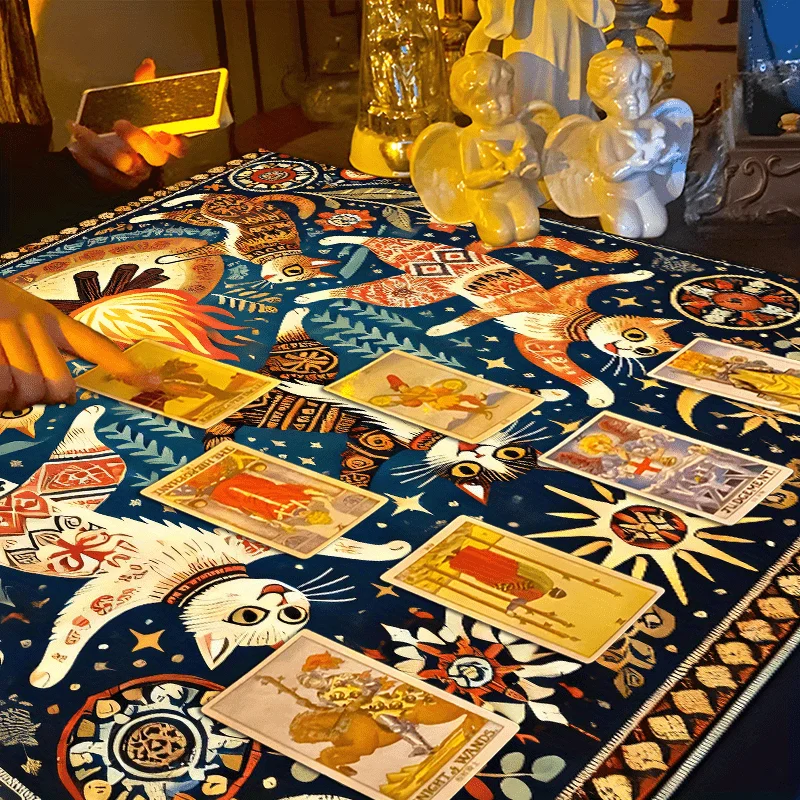 VIKAMA Gorgeous Fantasy Bohemian Style Square Altar Cloth Magic Dance Cat Flower Star Pattern Tarot Card Witchcraft Mystery Pad