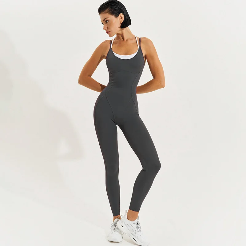 

Splicing Contrasting Color Fake Two-piece U-neck SuSpender With Backless TighT Design, Sporty Yoga Small Foot Jumpsuit For Women