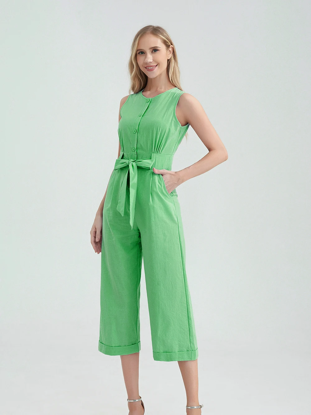 Marwin 2023 Summer Jumpsuits Belt Sleeveless Solid High Street Wide Leg Pants 100% Cotton Female Rompers